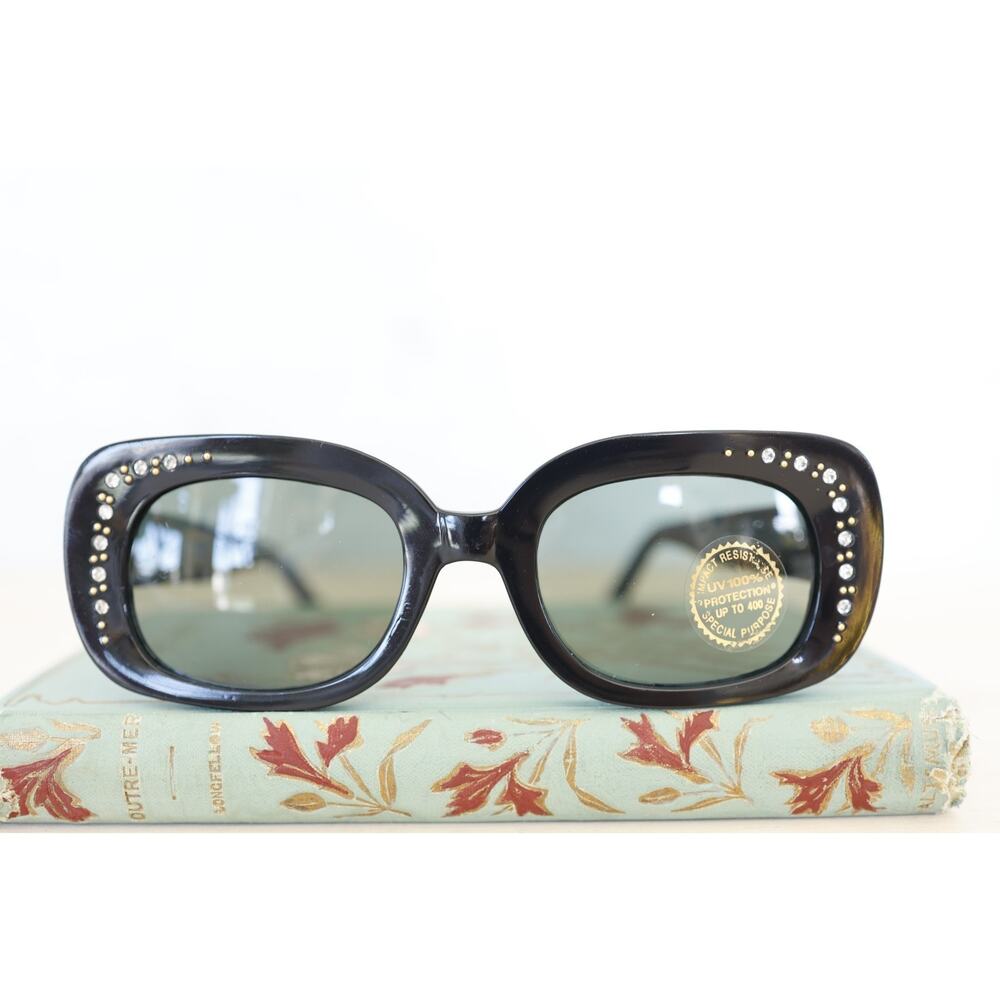 Vintage Y2K Rectangular Sunglasses 2000s Black NOS 90s Grunge Goth rhinestones